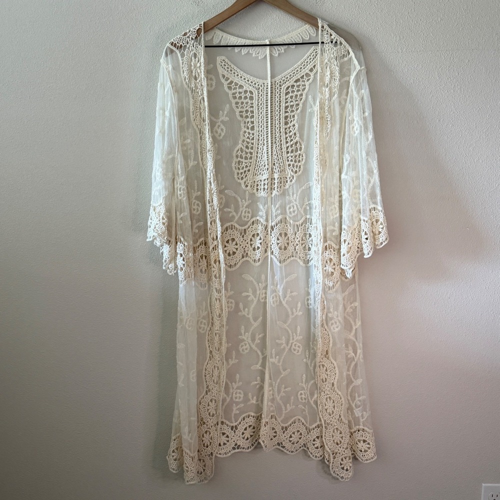 JANICE APPAREL Kimono Boho Festival Lace Crochet Sheer Mesh Fairy Ethereal OS